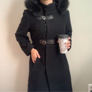 Black real fur winter trench coat